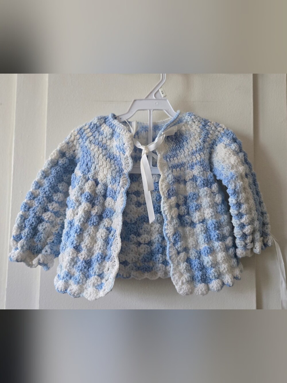 Handmade Baby Cardigan in Blue and White 6-9 Months